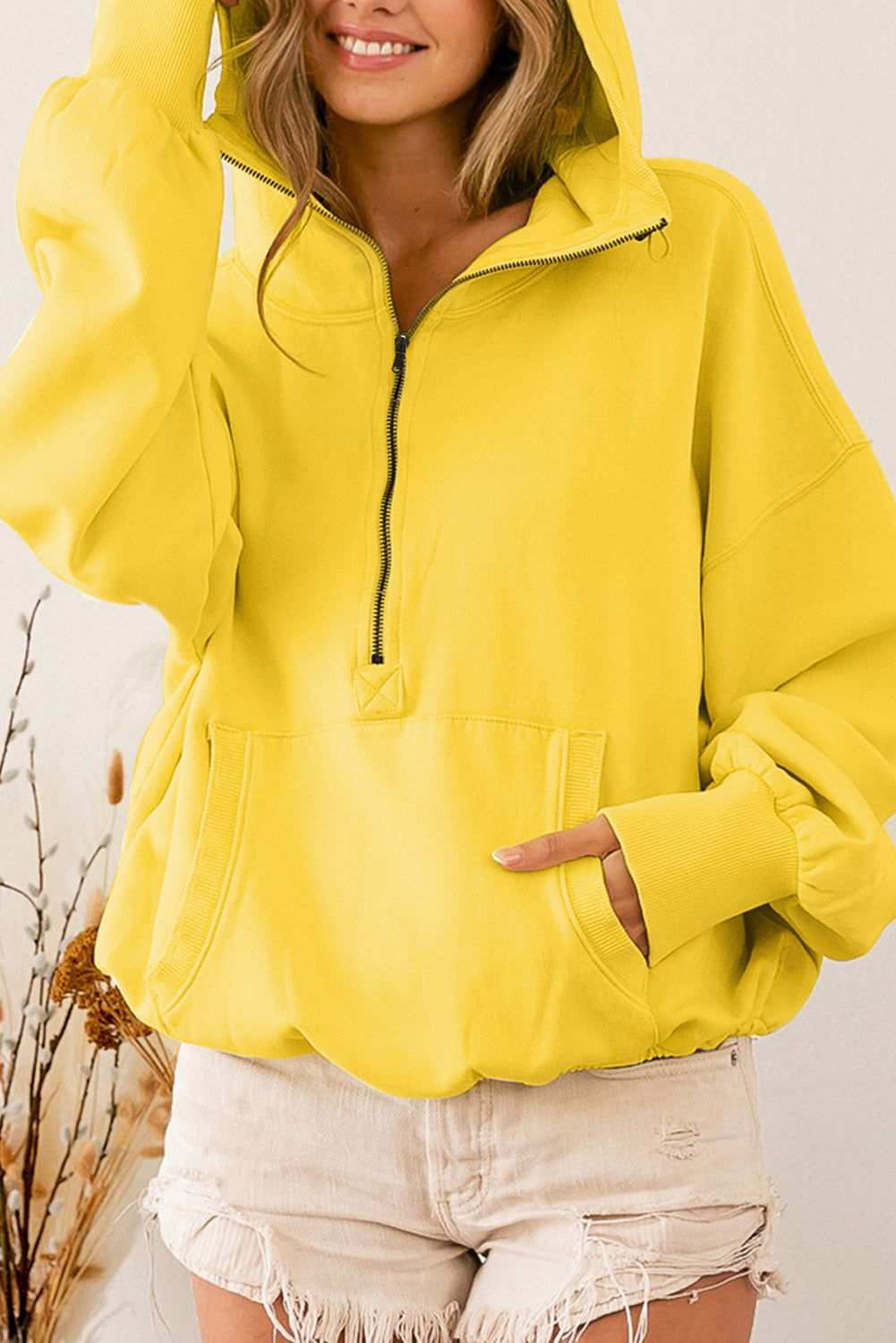 Solid Color Half Zip Pullover Hoodie with Kangaroo Pocket 