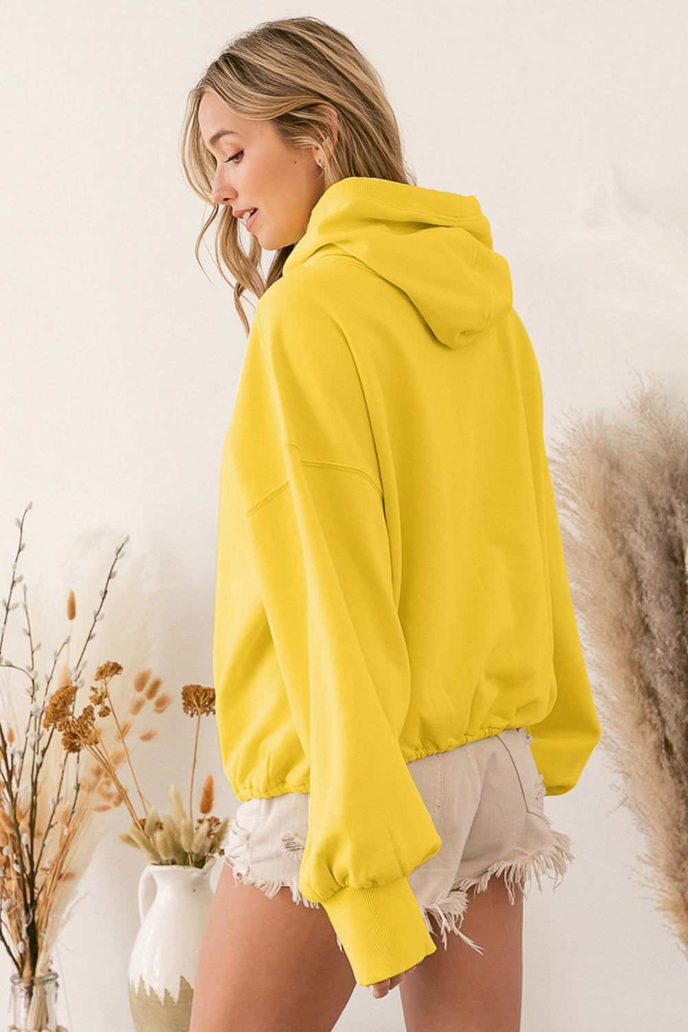 Solid Color Half Zip Pullover Hoodie with Kangaroo Pocket 