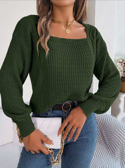 Square Neck Mixed Knit Sweater 