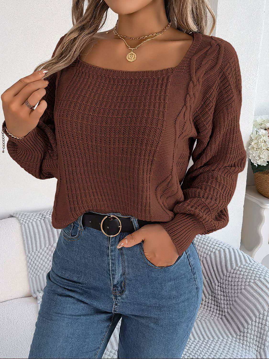 Square Neck Mixed Knit Sweater 