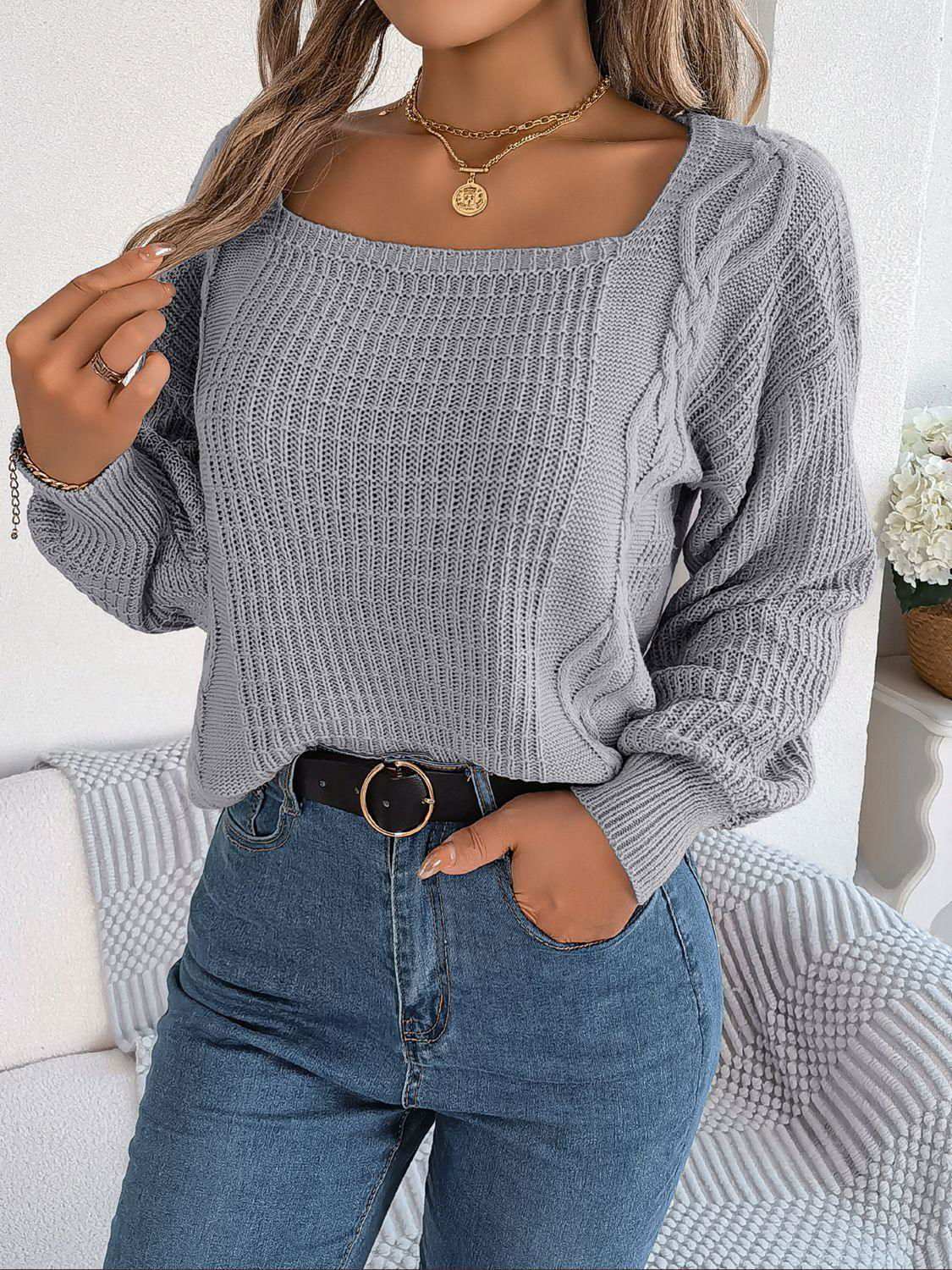 Square Neck Mixed Knit Sweater 