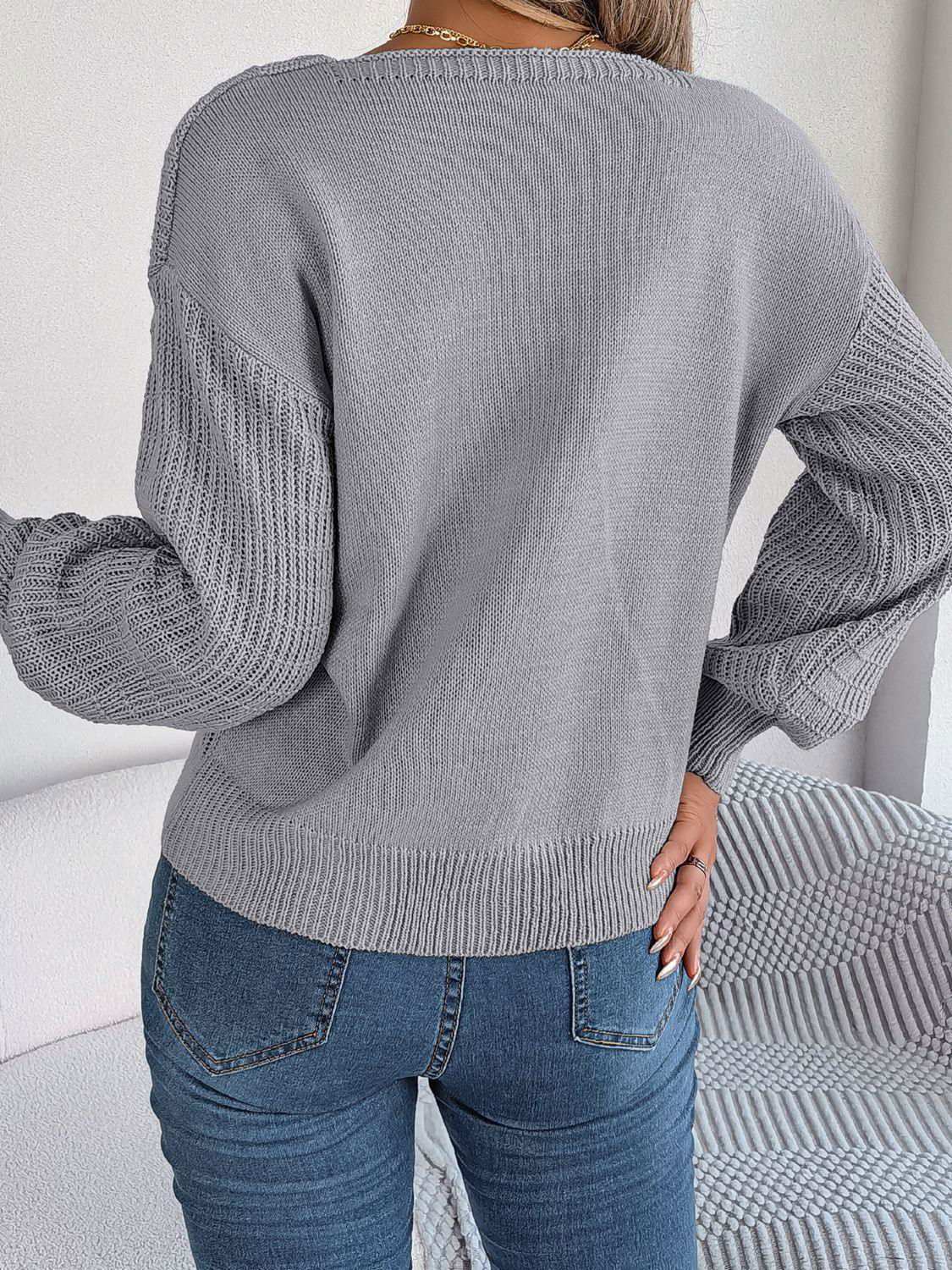 Square Neck Mixed Knit Sweater 