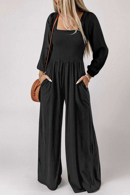 Square Neck Raglan Sleeve Jumpsuit with Pocket 