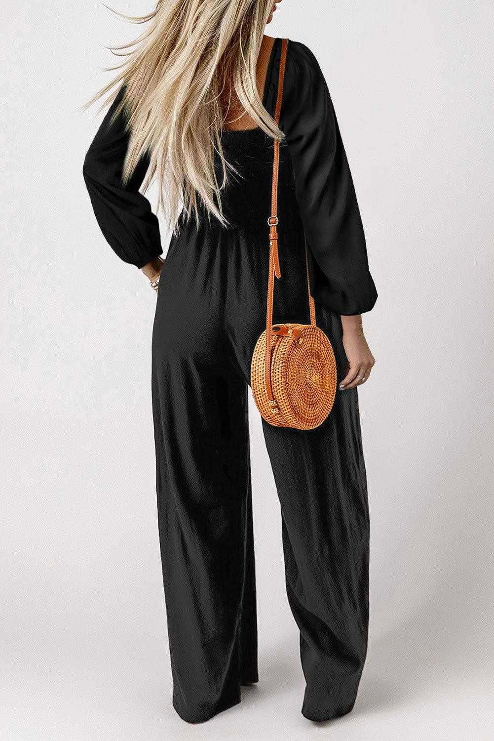 Square Neck Raglan Sleeve Jumpsuit with Pocket 