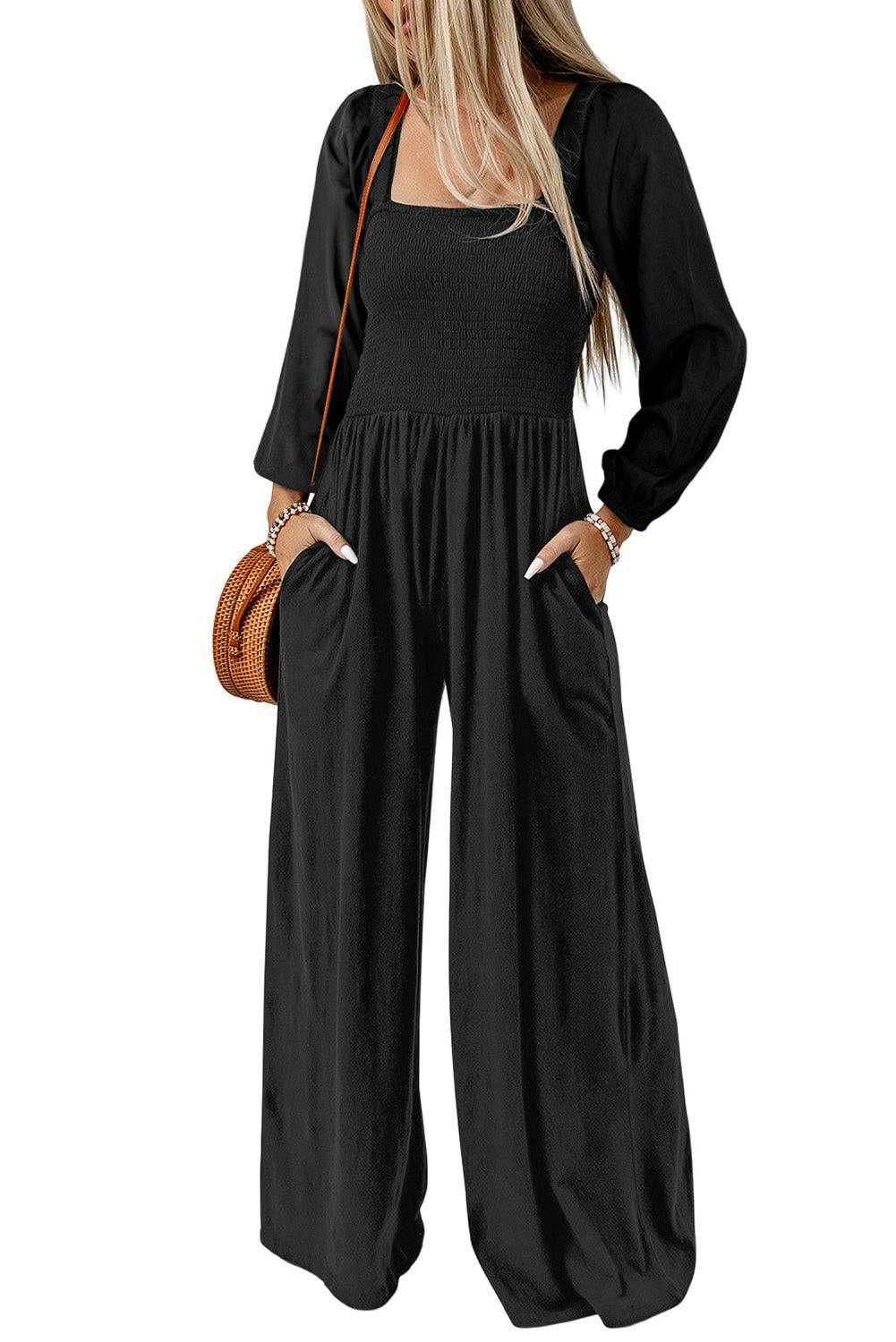 Square Neck Raglan Sleeve Jumpsuit with Pocket 