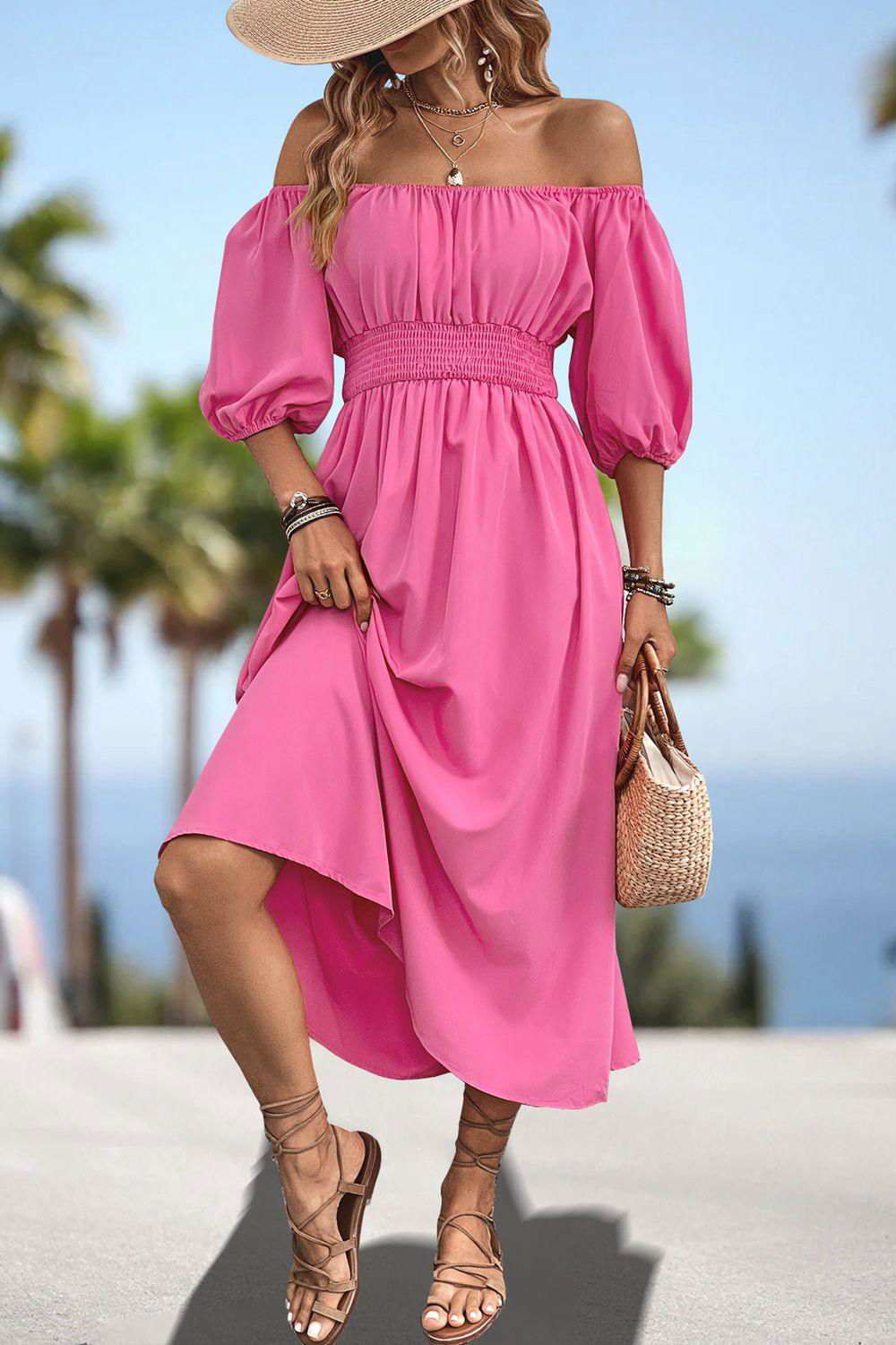 Square Neck Smocked Waist Puff Sleeve Midi Dress 