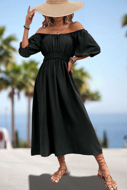 Square Neck Smocked Waist Puff Sleeve Midi Dress 