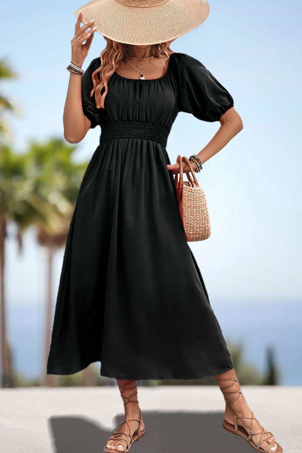 Square Neck Smocked Waist Puff Sleeve Midi Dress 