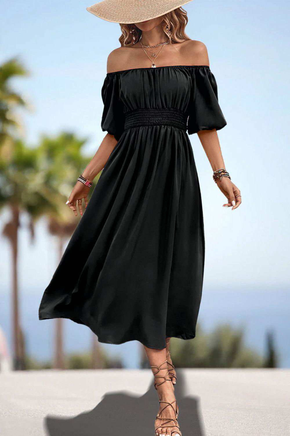 Square Neck Smocked Waist Puff Sleeve Midi Dress 