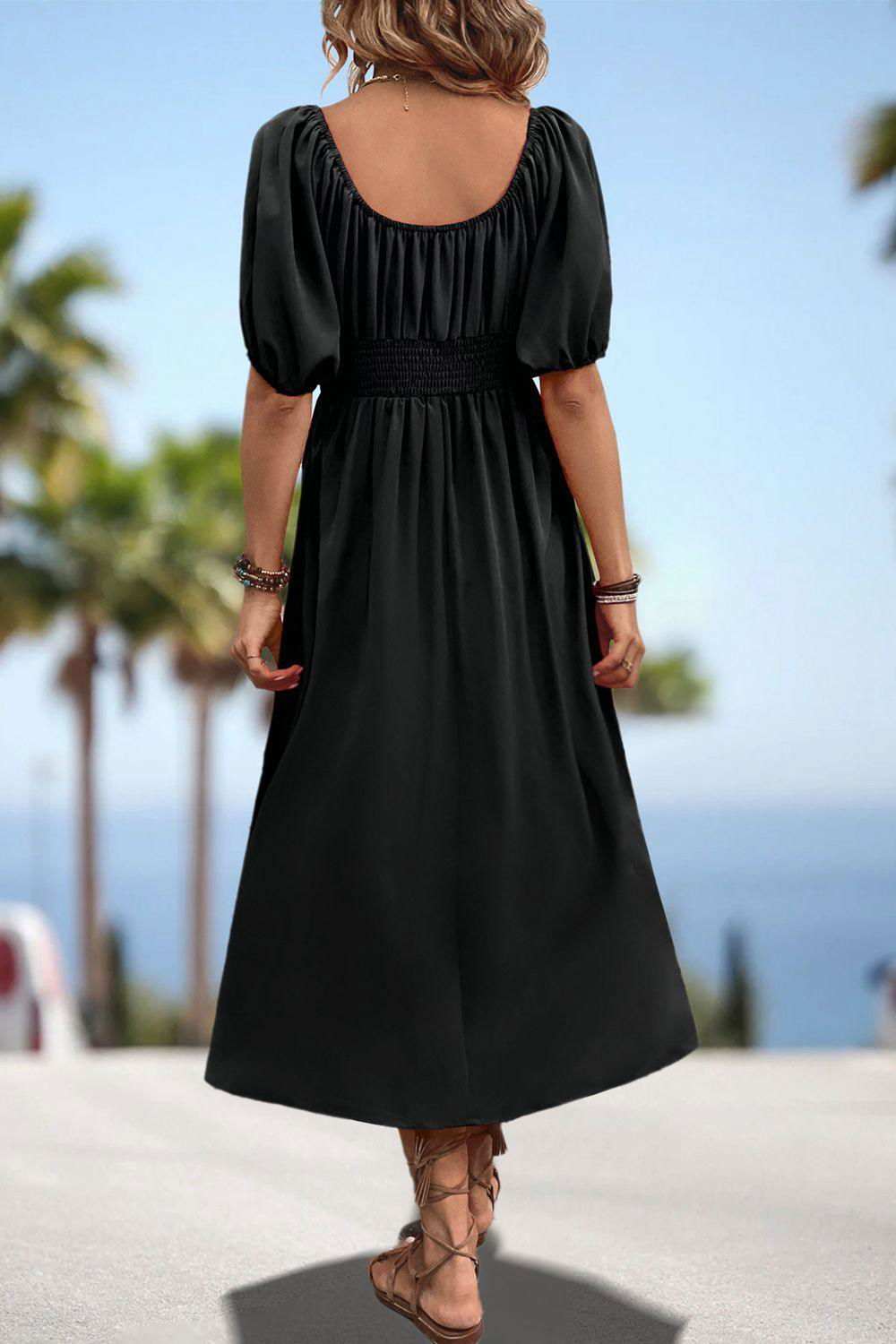 Square Neck Smocked Waist Puff Sleeve Midi Dress 