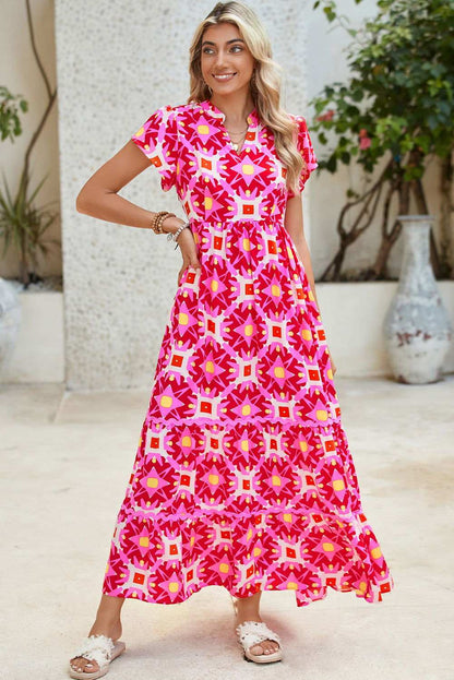 Strawberry Pink Abstract Print Pleated Flounce Sleeve Maxi Dress 