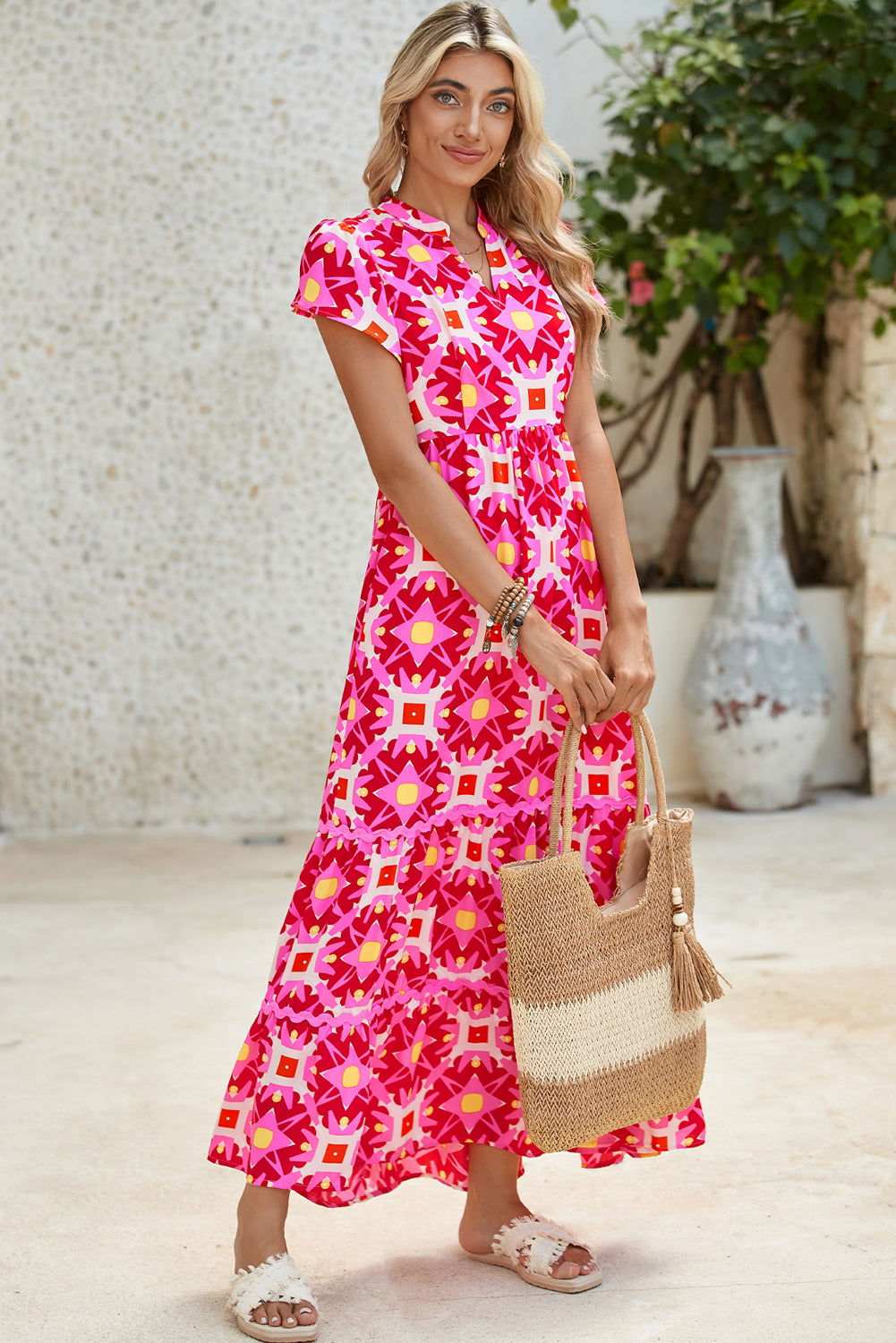 Strawberry Pink Abstract Print Pleated Flounce Sleeve Maxi Dress 