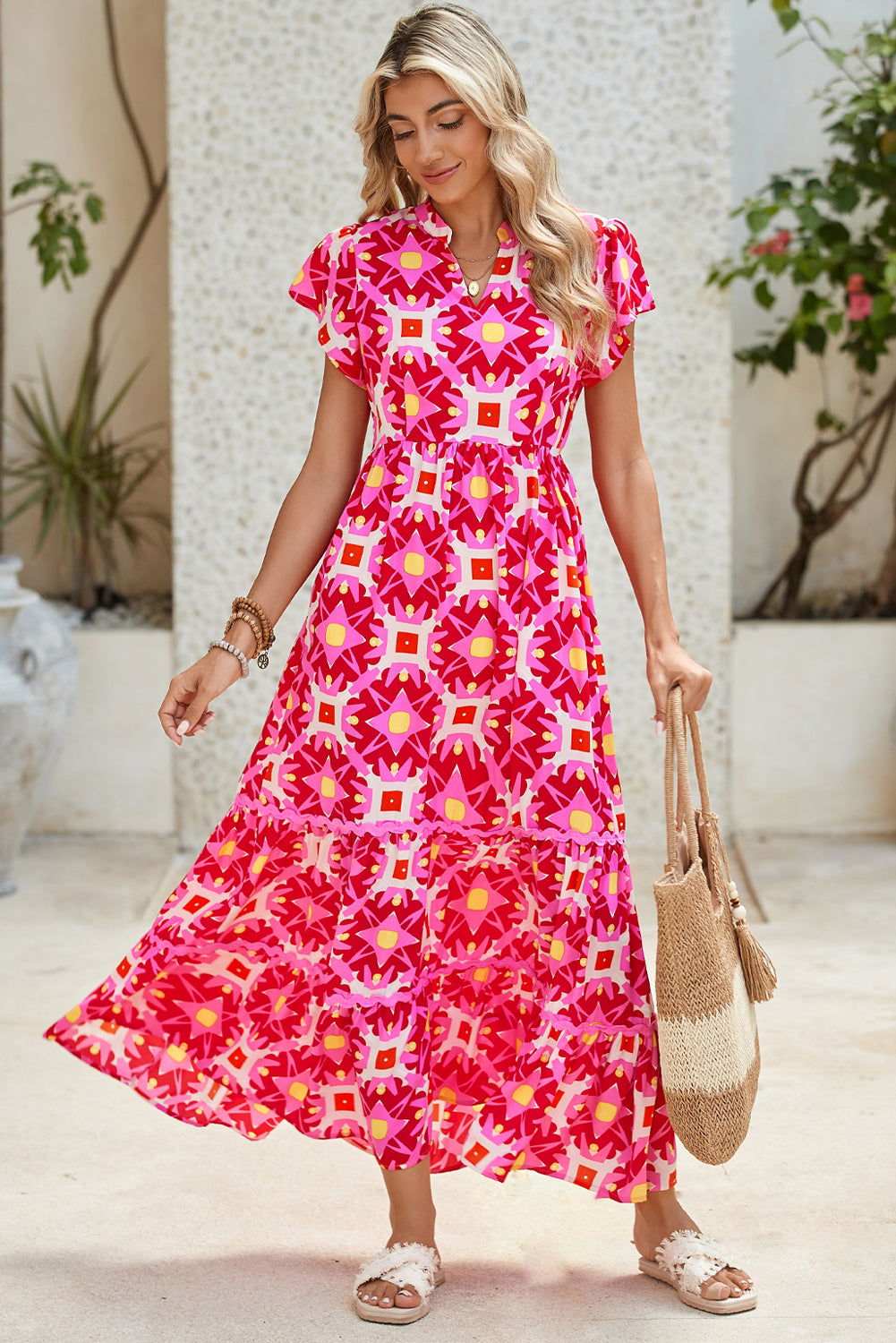 Strawberry Pink Abstract Print Pleated Flounce Sleeve Maxi Dress 