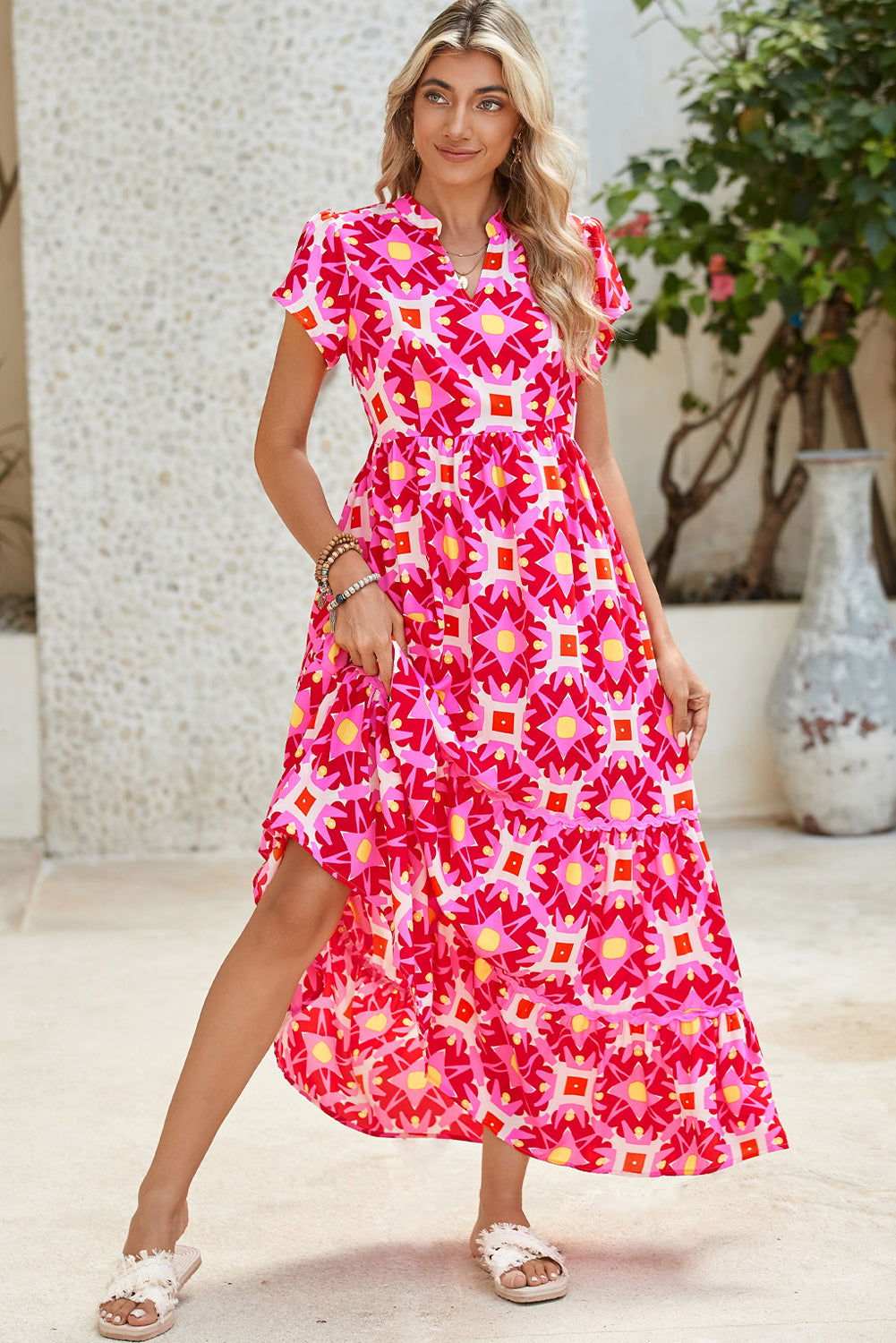 Strawberry Pink Abstract Print Pleated Flounce Sleeve Maxi Dress 