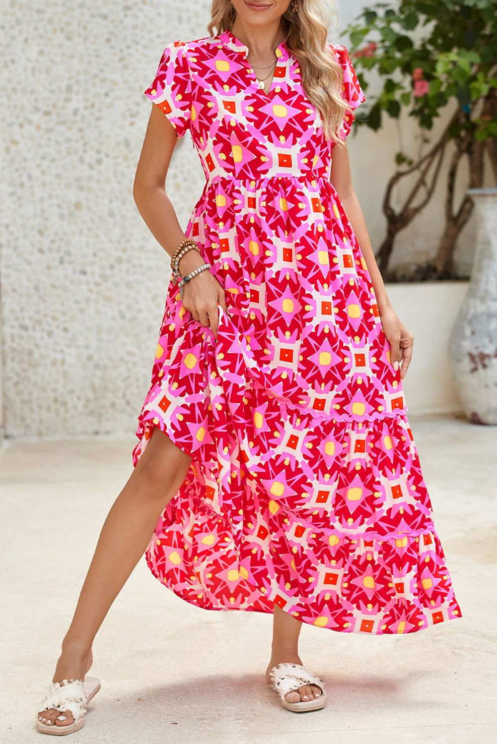 Strawberry Pink Abstract Print Pleated Flounce Sleeve Maxi Dress 