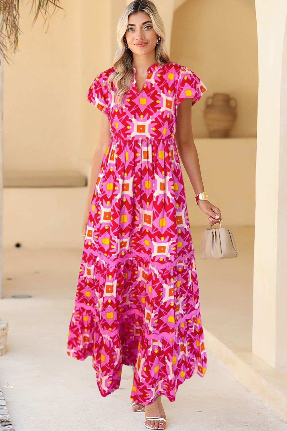 Strawberry Pink Abstract Print Pleated Flounce Sleeve Maxi Dress 