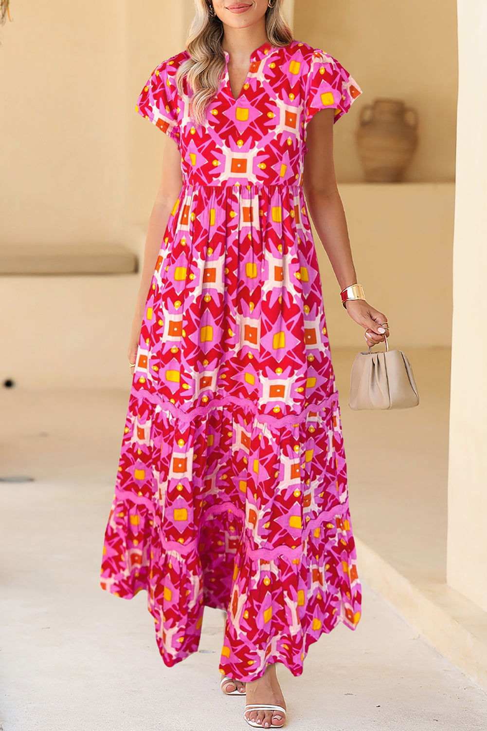 Strawberry Pink Abstract Print Pleated Flounce Sleeve Maxi Dress 