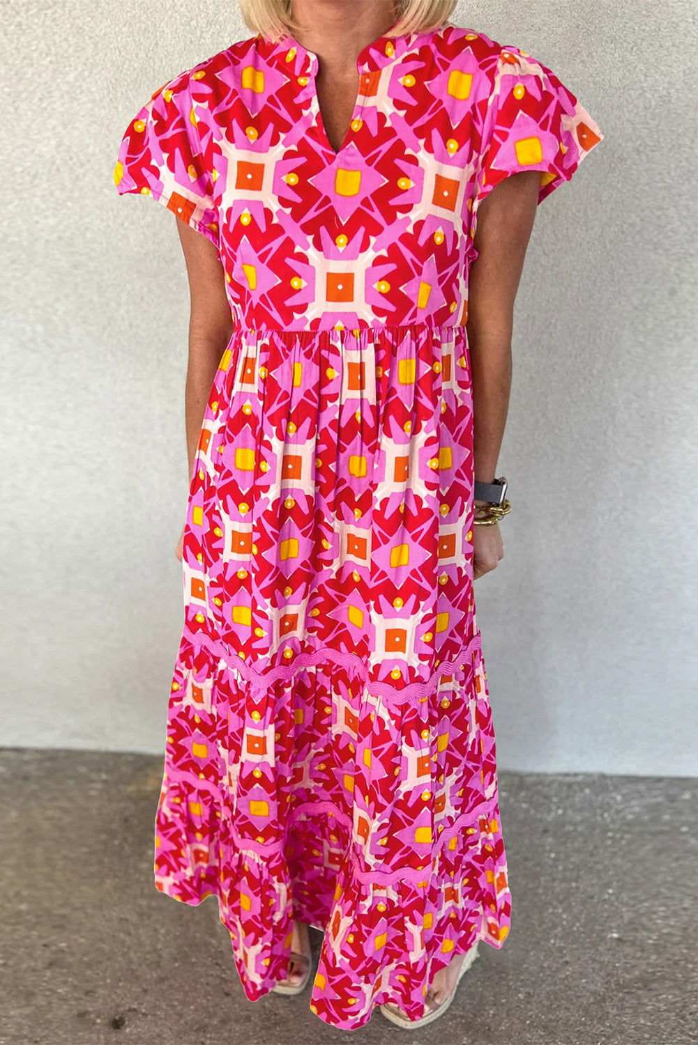 Strawberry Pink Abstract Print Pleated Flounce Sleeve Maxi Dress 