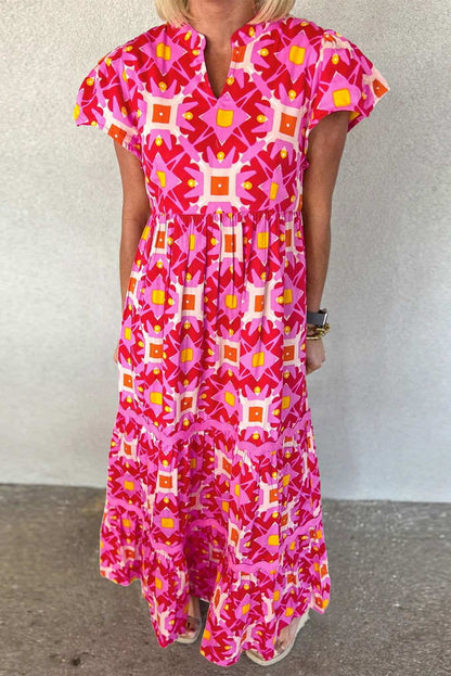 Strawberry Pink Abstract Print Pleated Flounce Sleeve Maxi Dress 