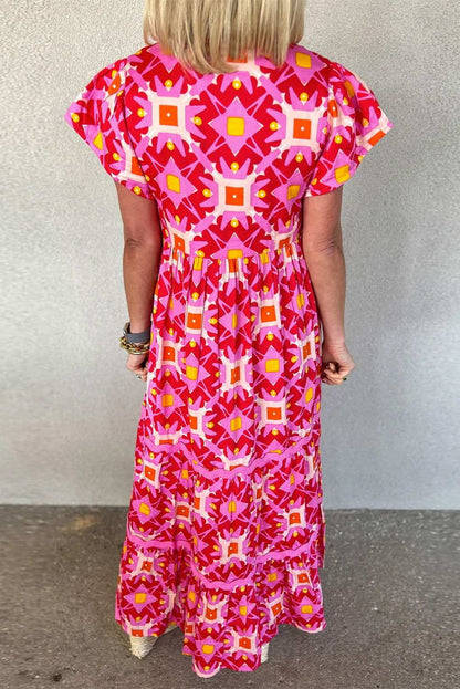 Strawberry Pink Abstract Print Pleated Flounce Sleeve Maxi Dress 