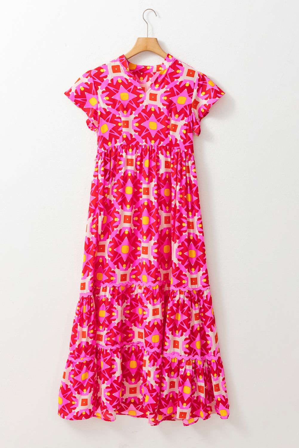 Strawberry Pink Abstract Print Pleated Flounce Sleeve Maxi Dress 