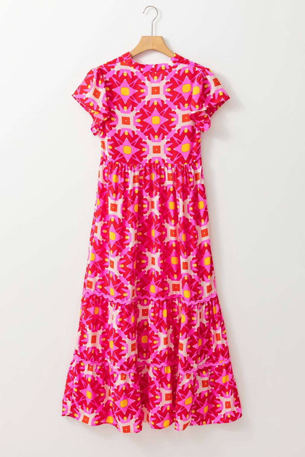 Strawberry Pink Abstract Print Pleated Flounce Sleeve Maxi Dress 