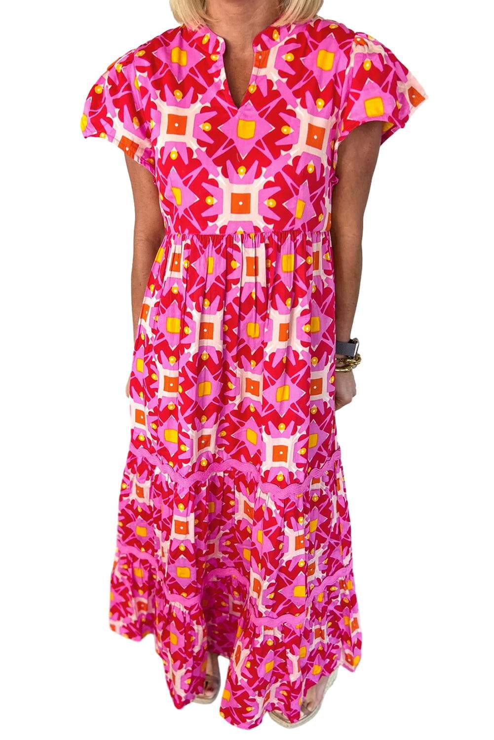 Strawberry Pink Abstract Print Pleated Flounce Sleeve Maxi Dress 