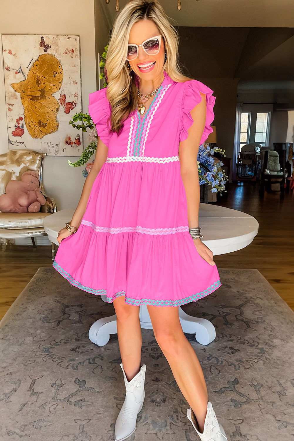 Strawberry Pink Flutter Sleeve V Neck Ric Rac Tiered Dress 