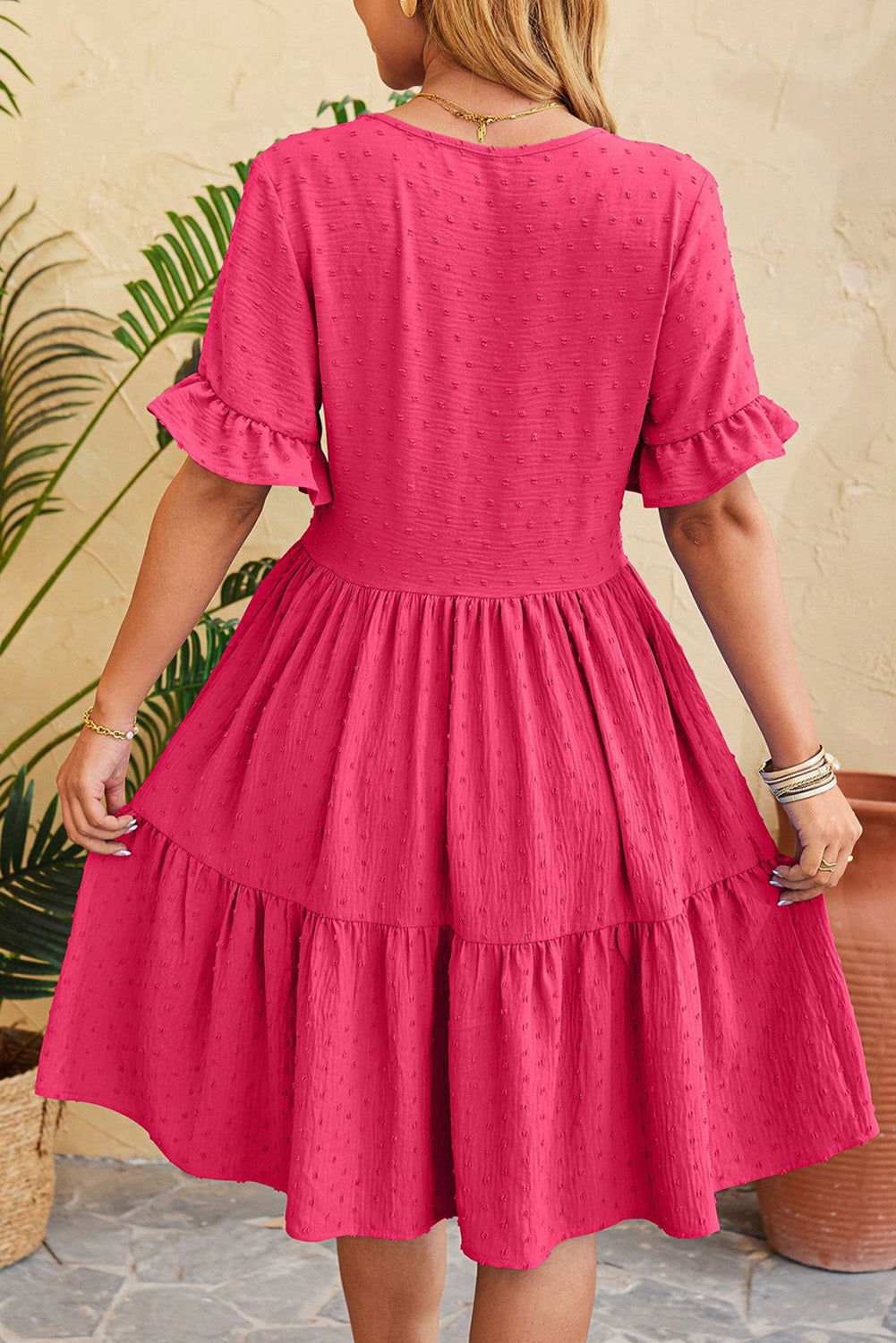 Strawberry Pink Jacquard V Neck Ruffle Sleeve Midi Dress 