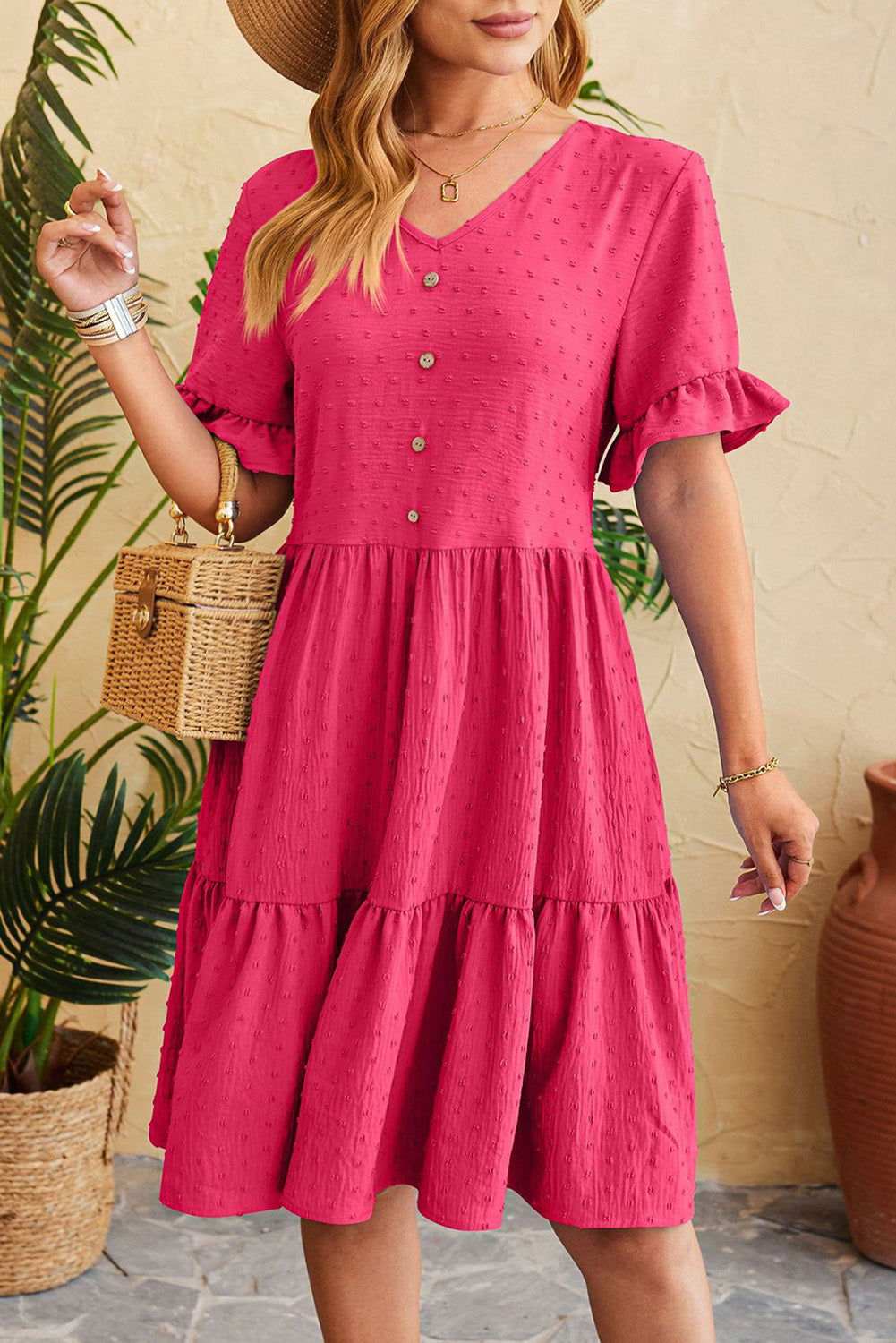 Strawberry Pink Jacquard V Neck Ruffle Sleeve Midi Dress 