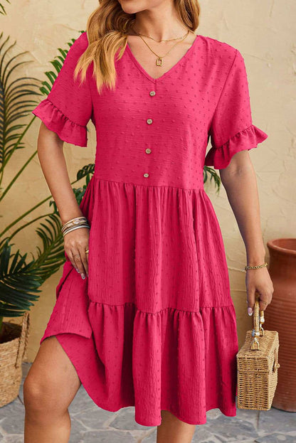 Strawberry Pink Jacquard V Neck Ruffle Sleeve Midi Dress 