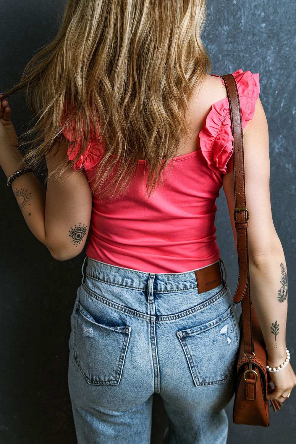 Strawberry Pink Solid Color Ruffle Strap Top 