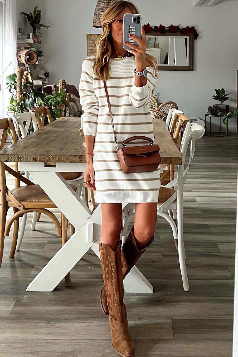 Stripe Button Ribbed Detail Short Sweater Dress 