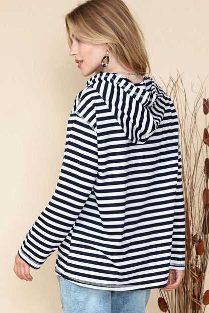 Stripe Print Kangaroo Pocket Drawstring Hoodie 