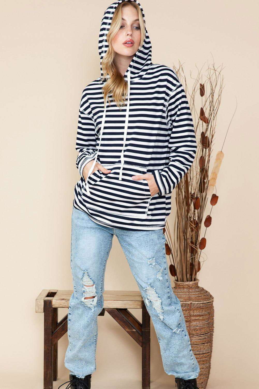 Stripe Print Kangaroo Pocket Drawstring Hoodie 