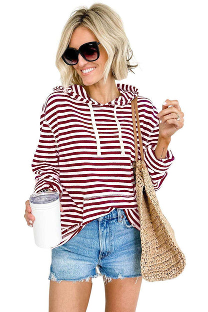 Stripe Print Kangaroo Pocket Drawstring Hoodie 