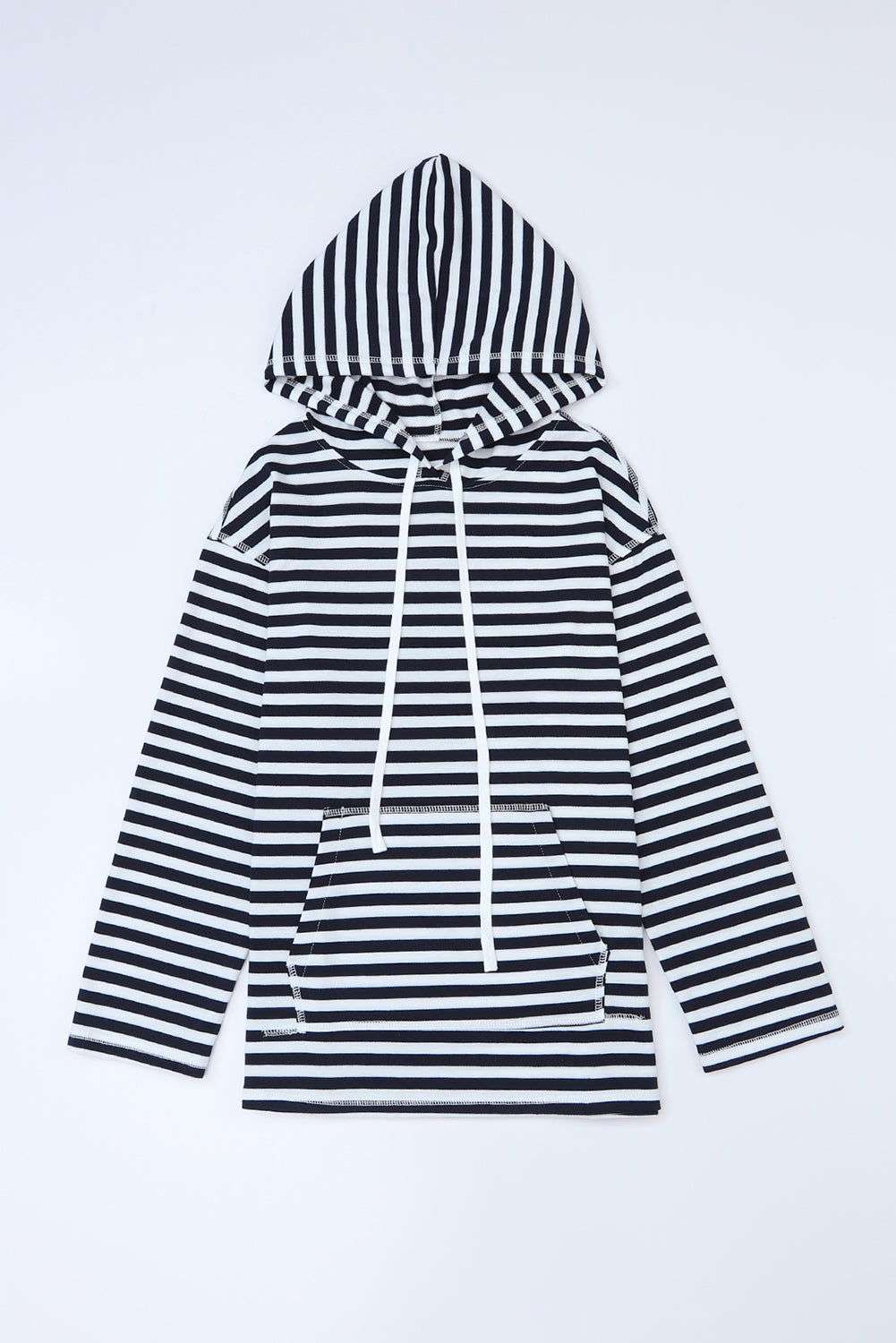 Stripe Print Kangaroo Pocket Drawstring Hoodie 