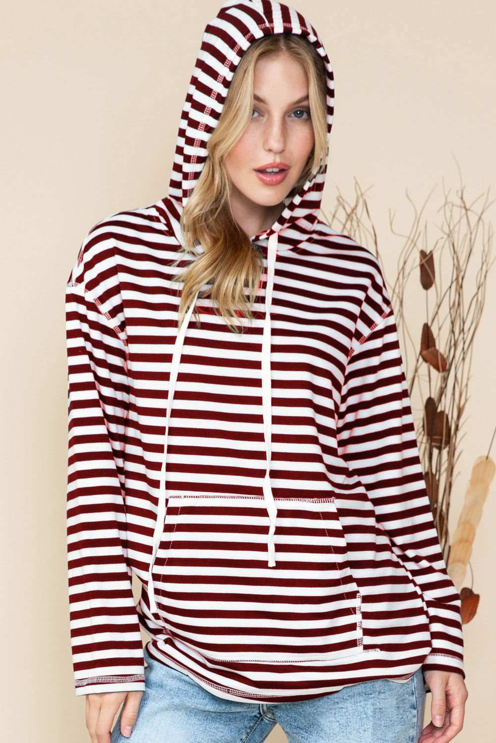 Stripe Print Kangaroo Pocket Drawstring Hoodie 