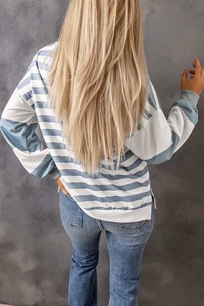 Stripe Sequined Rugby Graphic Round Neck Sweatshirt 