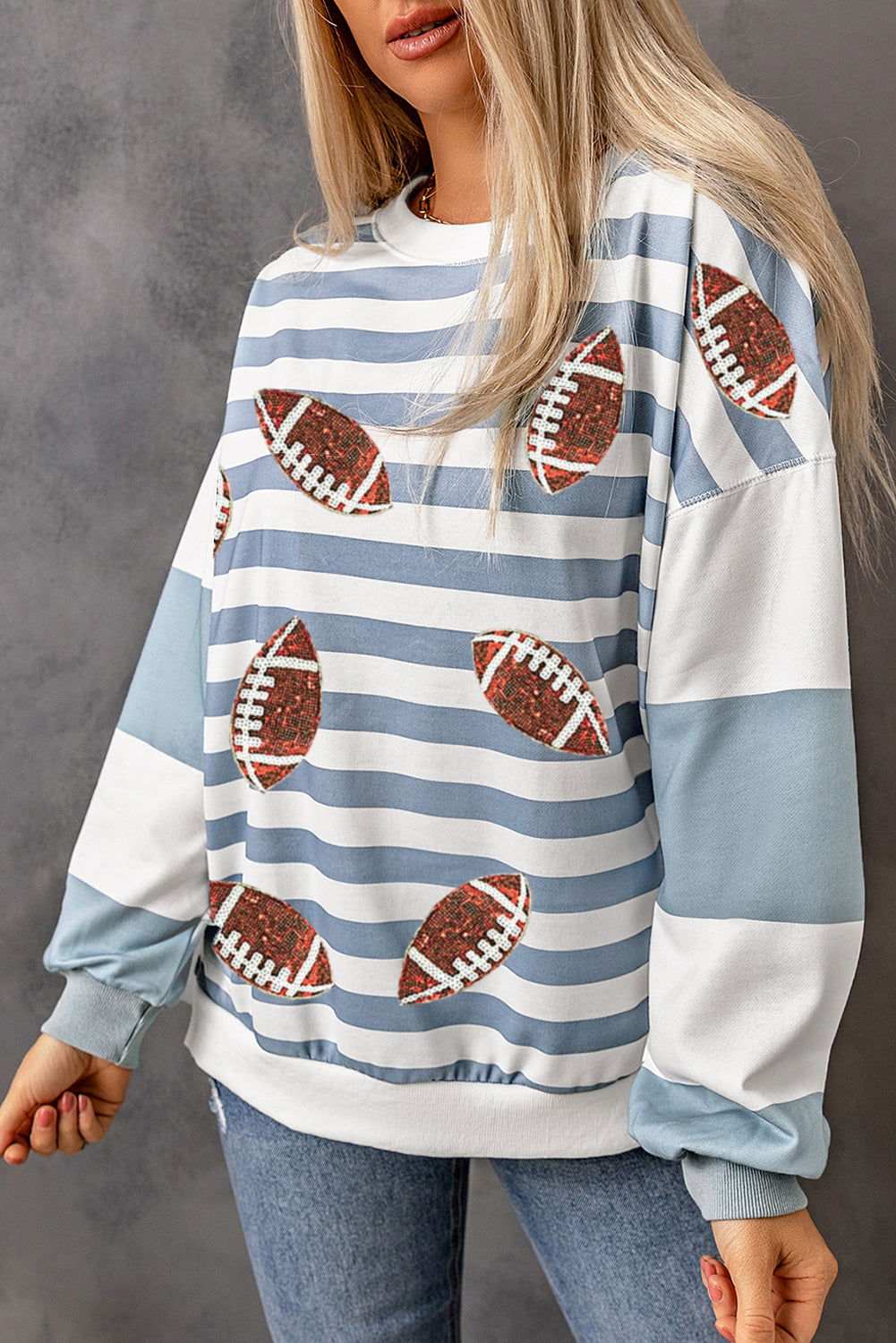 Stripe Sequined Rugby Graphic Round Neck Sweatshirt 