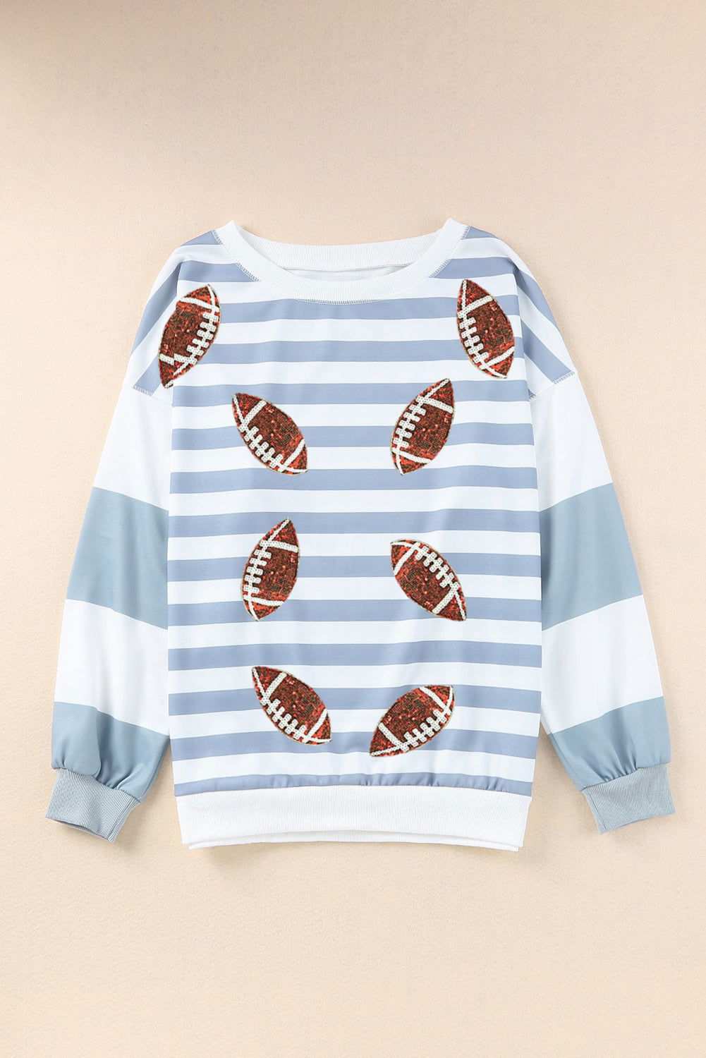 Stripe Sequined Rugby Graphic Round Neck Sweatshirt 