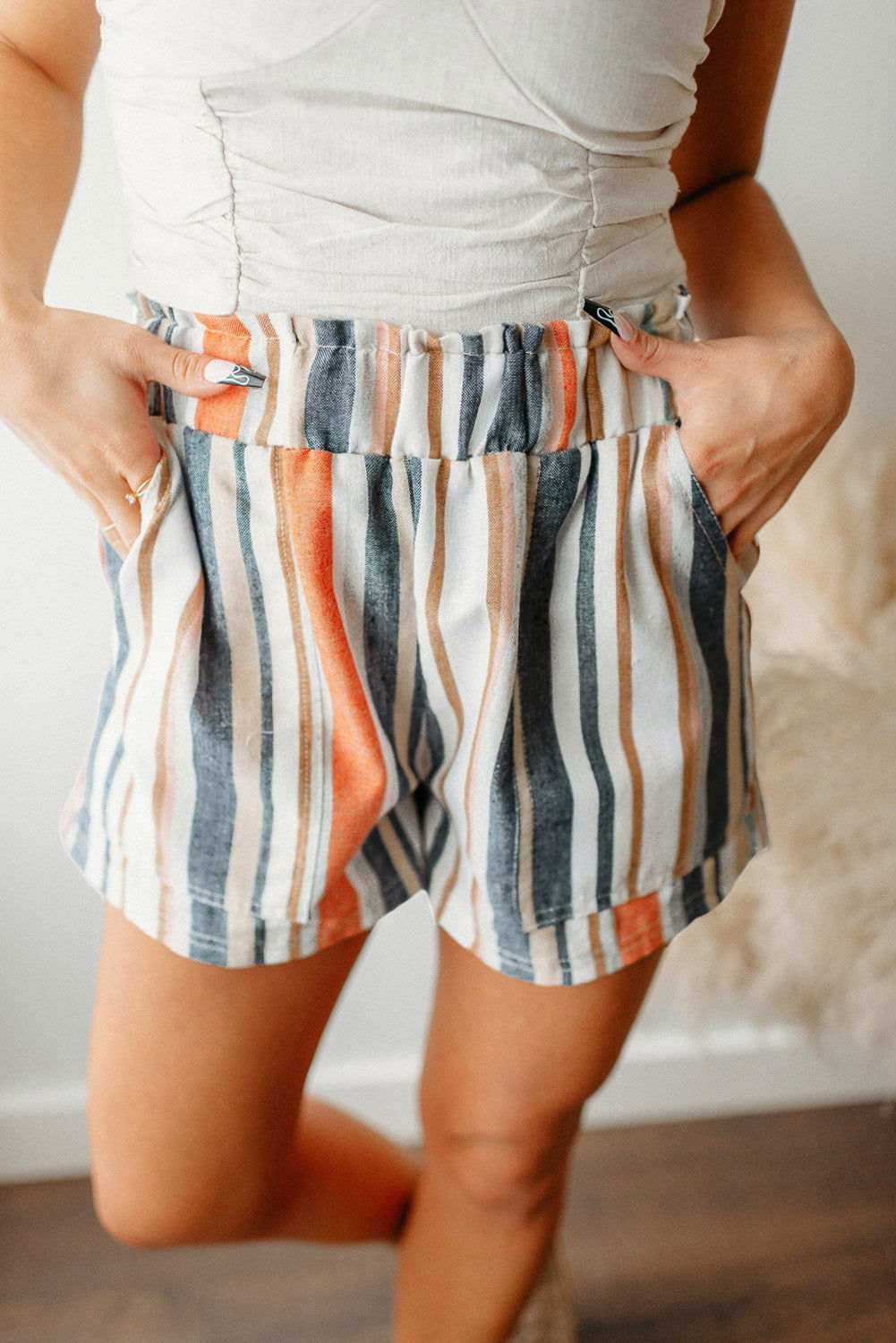 Stripe Vintage Washed Elastic Waist Shorts 