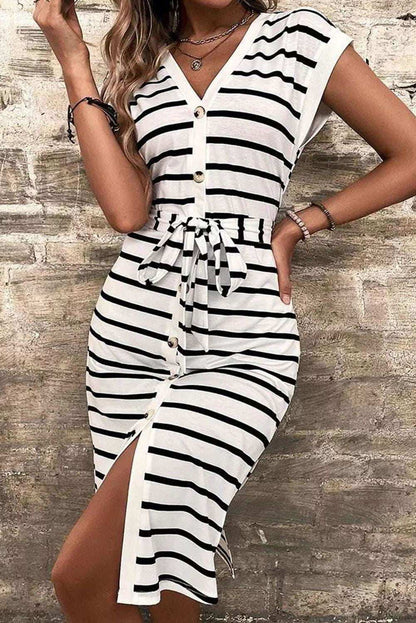 Striped Button Belted Casual V-Neck Midi Dress 