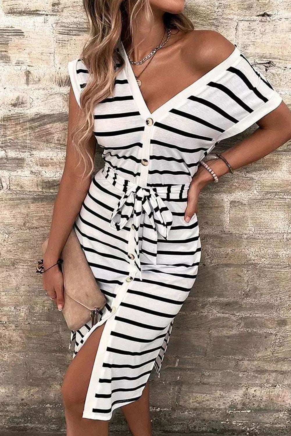 Striped Button Belted Casual V-Neck Midi Dress 