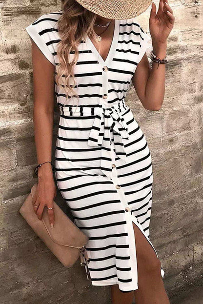 Striped Button Belted Casual V-Neck Midi Dress 