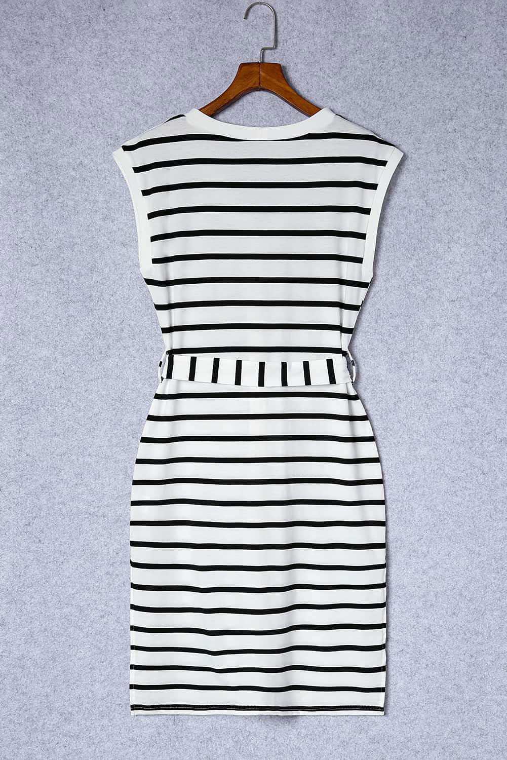 Striped Button Belted Casual V-Neck Midi Dress 