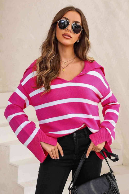 Striped Collared Neck Slit Sweater 