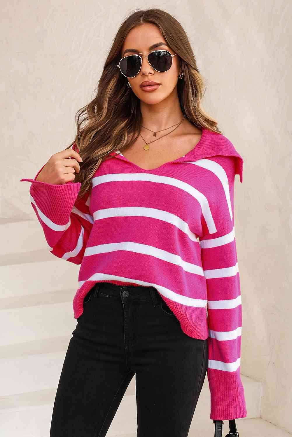 Striped Collared Neck Slit Sweater 