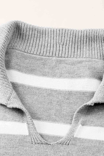 Striped Collared Neck Slit Sweater 