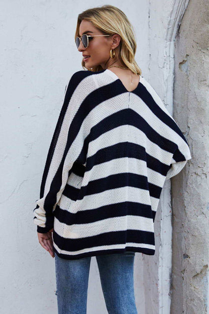 Striped Dolman Sleeve Open Front Cardigan 